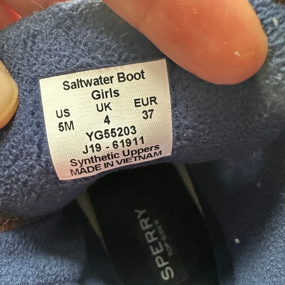 Sperry Girls Saltwater Duck Boots Navy Brown Side Zip YG55203 Size 5M